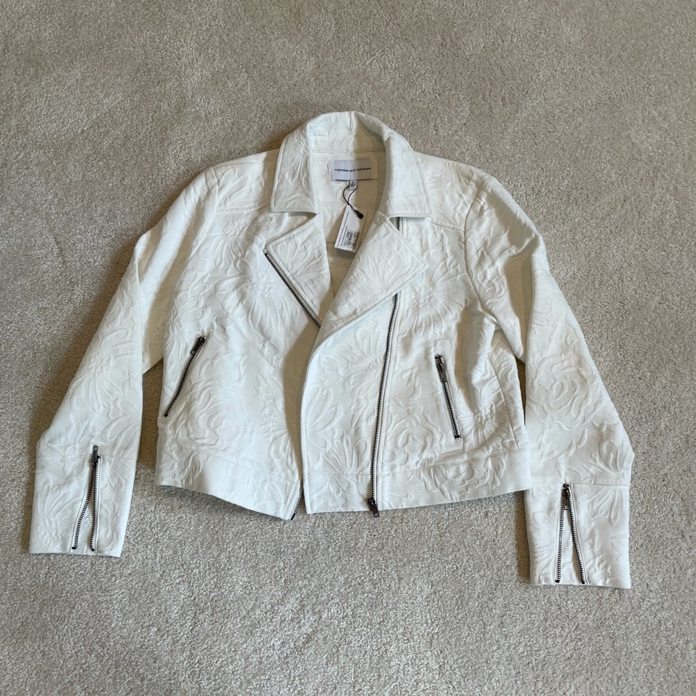 White floral embossed moto jacket NEW
